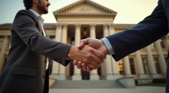 Image symbolique représentant une poignée de main entre deux personnes devant un tribunal de Montréal, symbolisant un accord amiable réussi