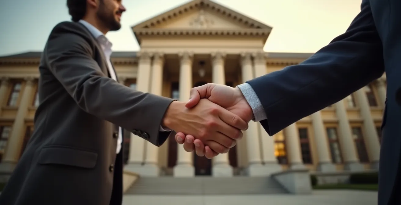 Image symbolique représentant une poignée de main entre deux personnes devant un tribunal de Montréal, symbolisant un accord amiable réussi