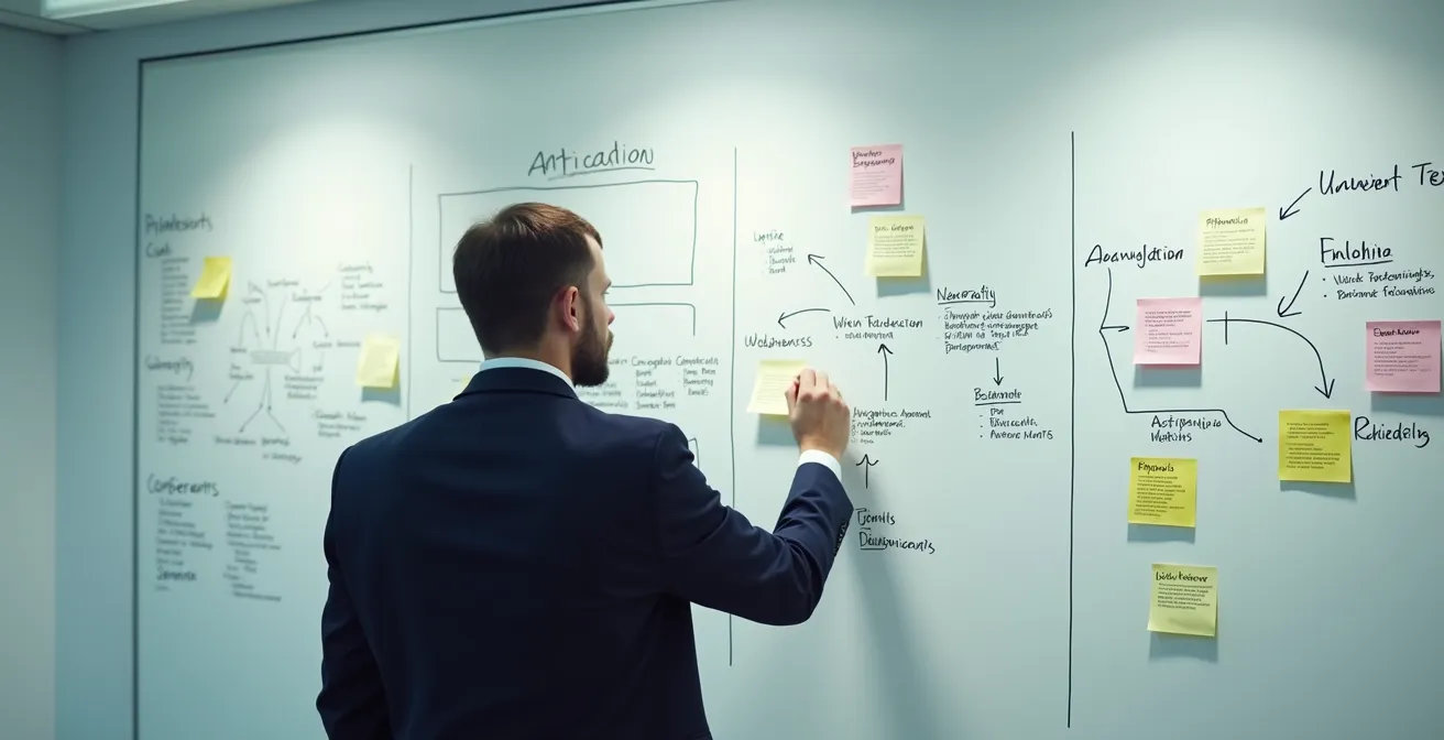 Un avocat dessinant un plan stratégique complexe sur un tableau blanc, entouré de post-it représentant des scénarios juridiques et des contre-arguments.