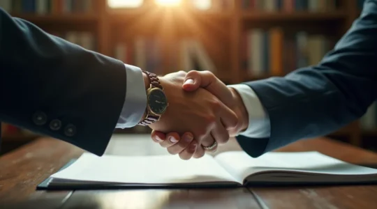 Deux mains se serrent fermement au-dessus d'un dossier juridique ouvert, symbolisant une alliance stratégique entre un avocat et son client.