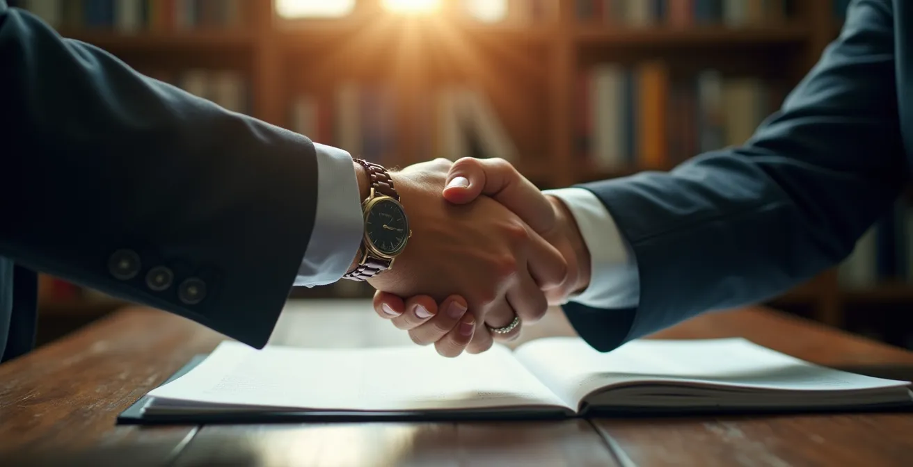 Deux mains se serrent fermement au-dessus d'un dossier juridique ouvert, symbolisant une alliance stratégique entre un avocat et son client.