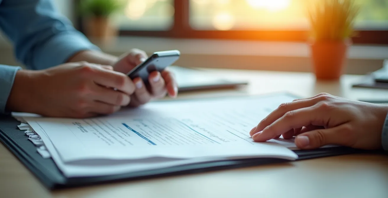 Illustration d’une check-list organisée avec des documents juridiques et numériques à préparer avant une première rencontre avocat.