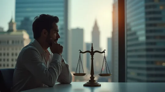 Illustration symbolique représentant le choix réfléchi d'un avocat à Montréal, avec balances de la justice et carte de la ville