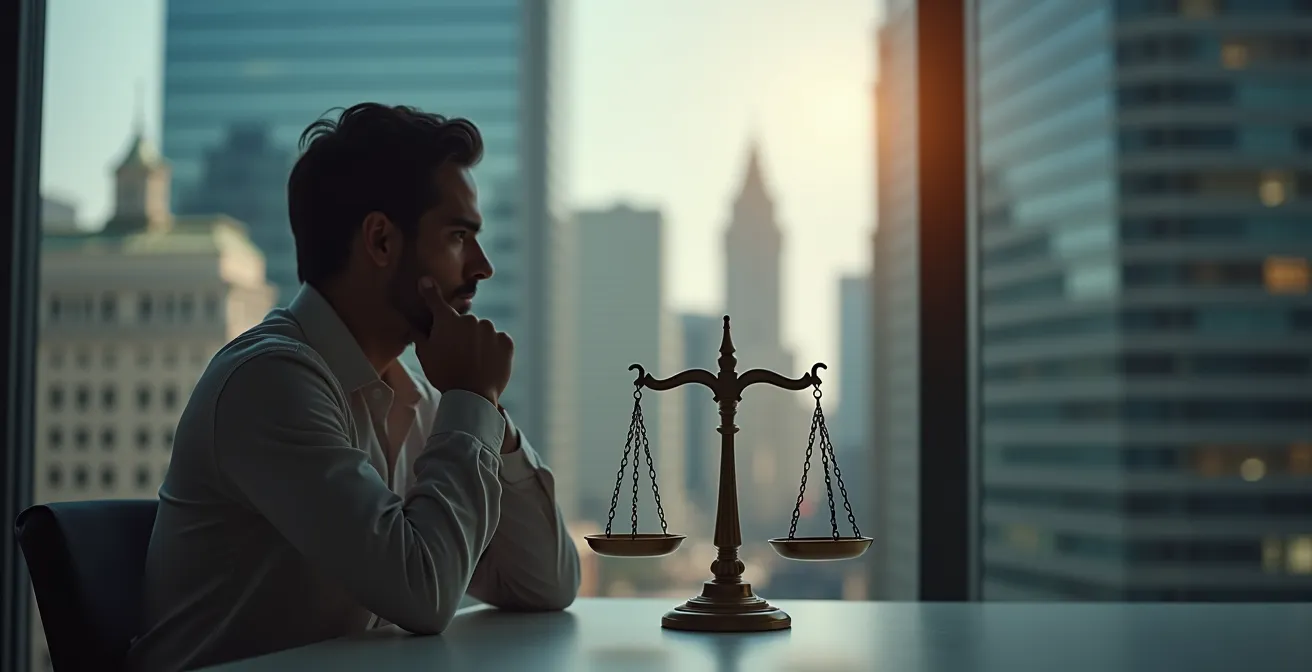 Illustration symbolique représentant le choix réfléchi d'un avocat à Montréal, avec balances de la justice et carte de la ville