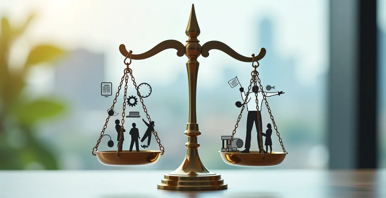 Illustration symbolique d'une balance équilibrant les avantages entre un avocat généraliste et un avocat hyper-spécialiste