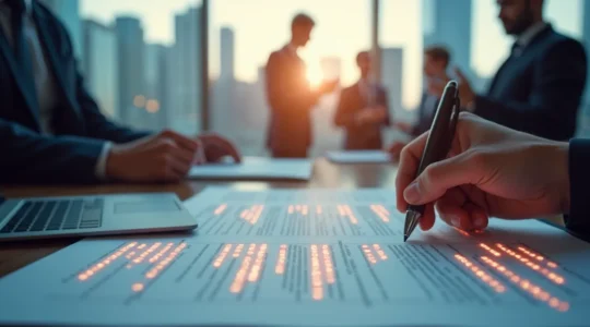 Image symbolique montrant des contrats en action avec des éléments dynamiques symbolisant le travail et la protection des entreprises à Montréal.