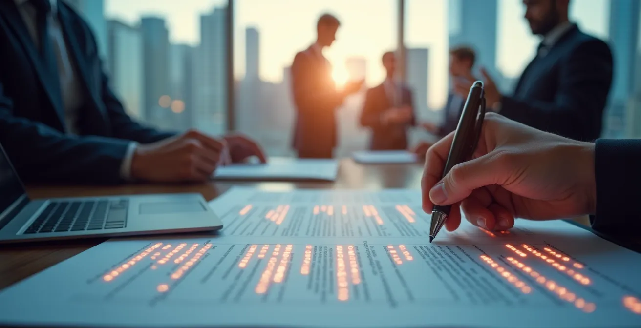 Image symbolique montrant des contrats en action avec des éléments dynamiques symbolisant le travail et la protection des entreprises à Montréal.