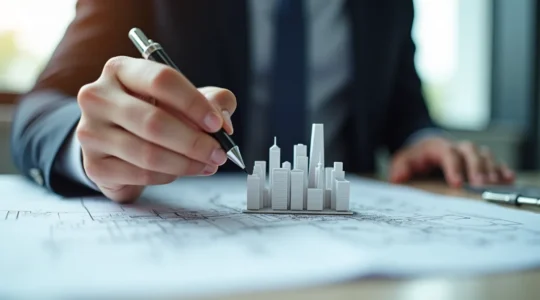 Vue symbolique d'un architecte dessinant des plans sur une maquette d'entreprise, mettant en lumière la croissance et la sécurité juridique à Montréal.
