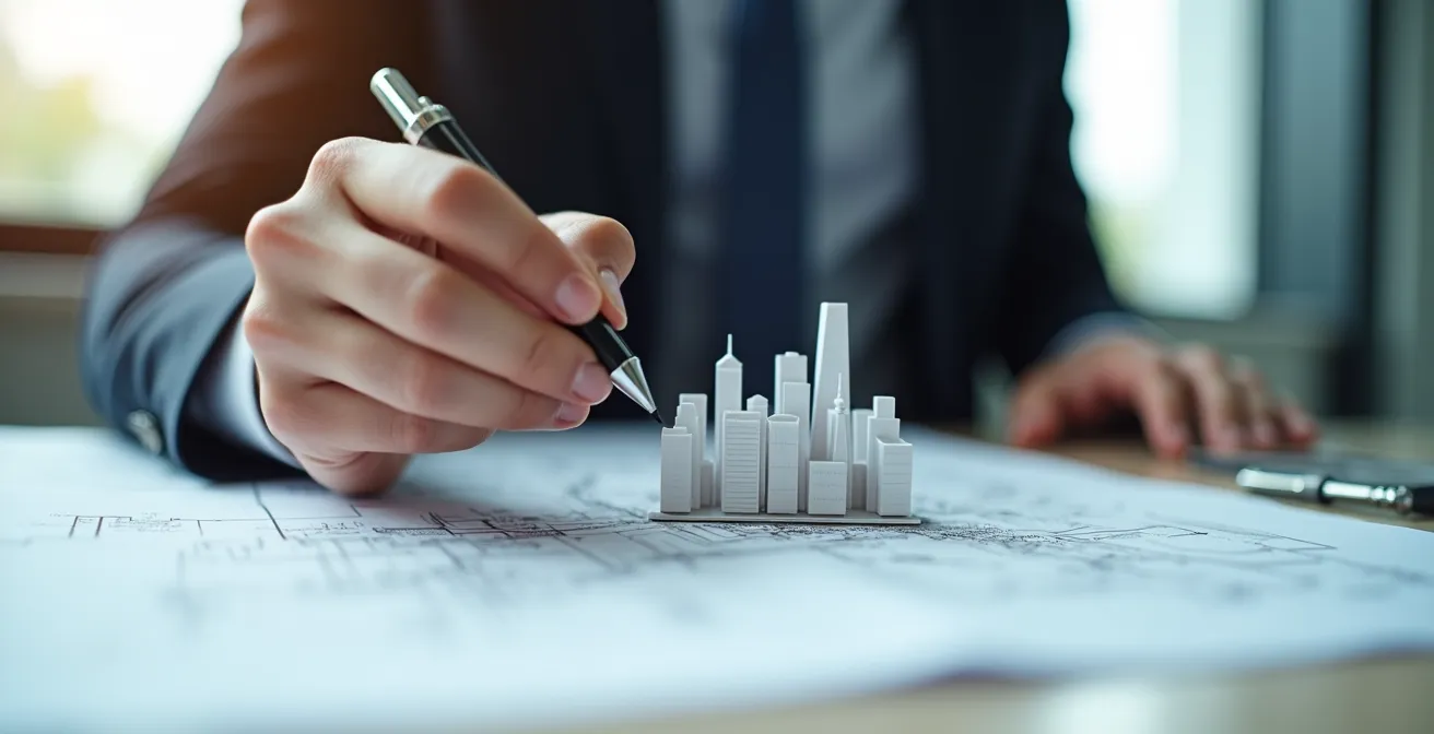 Vue symbolique d'un architecte dessinant des plans sur une maquette d'entreprise, mettant en lumière la croissance et la sécurité juridique à Montréal.