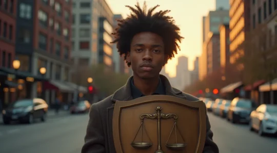 Une illustration symbolique représentant une personne à Montréal tenant un bouclier avec des icônes de justice, représentant la défense active des droits civils au quotidien.