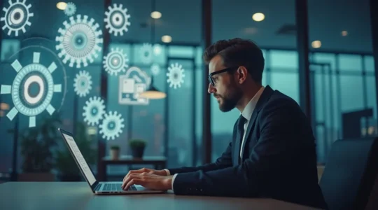 Une illustration symbolique montrant un entrepreneur devant un ordinateur avec des éléments juridiques et d'affaires en arrière-plan comme un réseau d'engrenages symbolisant le fonctionnement intégré du droit des sociétés dans l'entreprise.