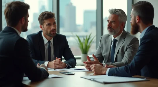 Un avocat expérimenté en pleine discussion stratégique avec des chefs d'entreprise, symbolisant l'expérience comme un actif stratégique au sein d'un cabinet à Montréal