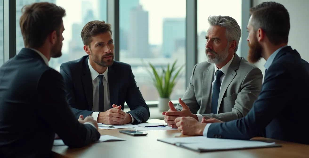 Un avocat expérimenté en pleine discussion stratégique avec des chefs d'entreprise, symbolisant l'expérience comme un actif stratégique au sein d'un cabinet à Montréal