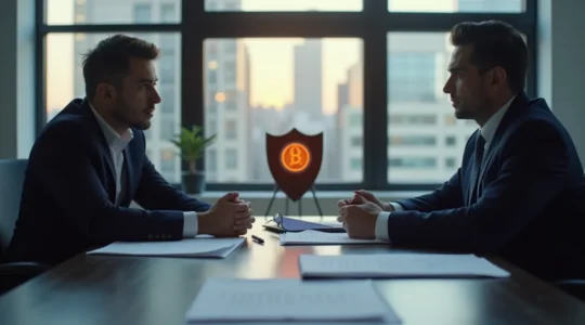 Illustration symbolique représentant la prévention juridique en entreprise montréalaises, montrant un avocat et un entrepreneur dans un bureau moderne avec des documents et un bouclier symbolisant la protection juridique.