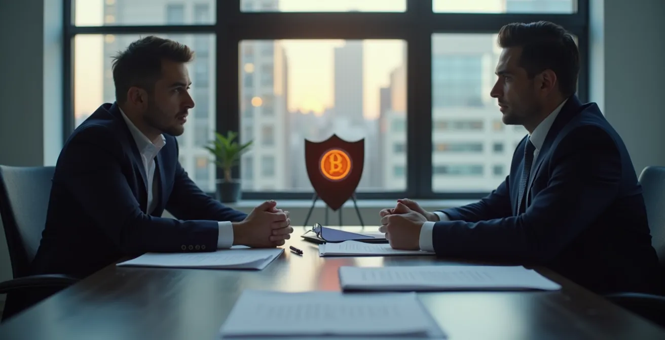 Illustration symbolique représentant la prévention juridique en entreprise montréalaises, montrant un avocat et un entrepreneur dans un bureau moderne avec des documents et un bouclier symbolisant la protection juridique.