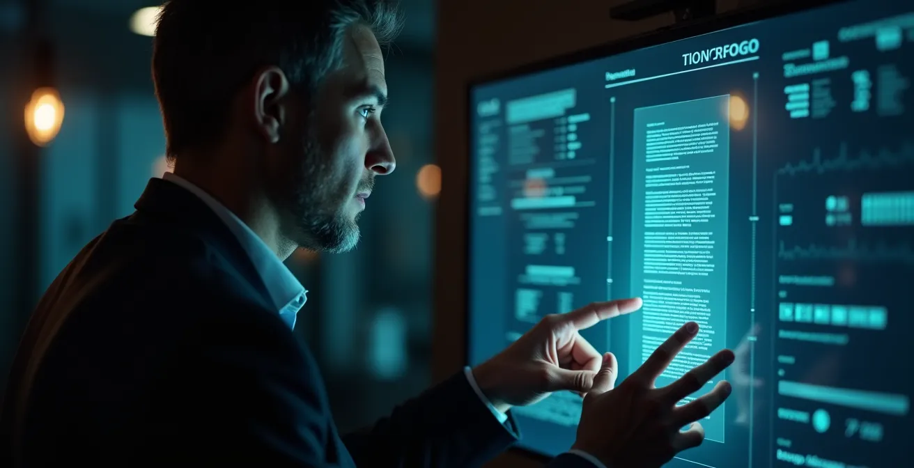 Un avocat montréalais travaillant côte à côte avec une interface d'intelligence artificielle affichant l'analyse détaillée d'un contrat.