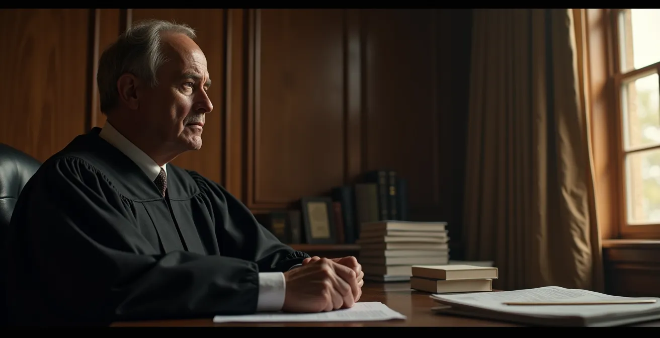 Représentation d'un juge seul dans son cabinet, entouré de livres de droit et de documents, en train de réfléchir, symbolisant le processus de délibéré.