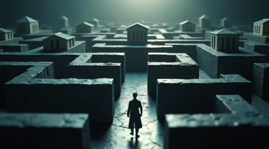 Représentation symbolique d'un labyrinthe complexe avec des bâtiments de tribunaux à chaque niveau, illustrant la structure hiérarchique du système judiciaire québécois.