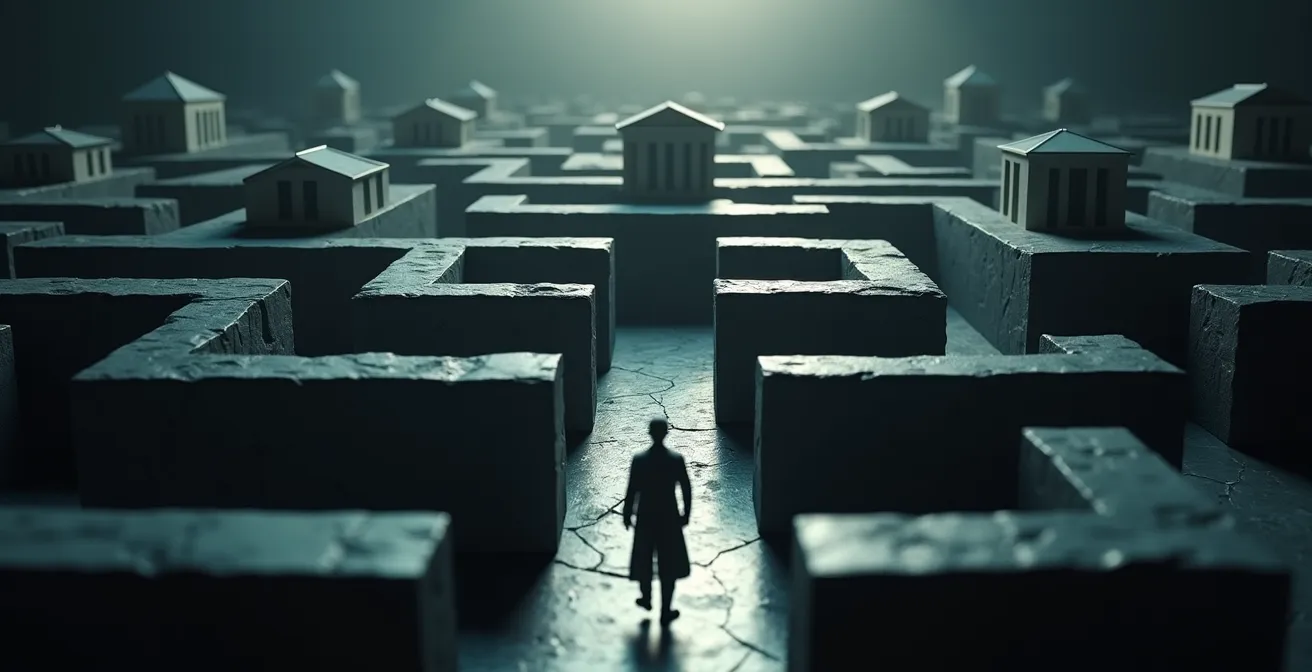 Représentation symbolique d'un labyrinthe complexe avec des bâtiments de tribunaux à chaque niveau, illustrant la structure hiérarchique du système judiciaire québécois.