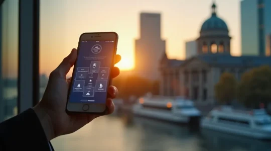 Une illustration symbolique représentant une main tenant un smartphone affichant une application de droit, avec en arrière-plan la silhouette du Palais de justice de Montréal dans un style moderne.