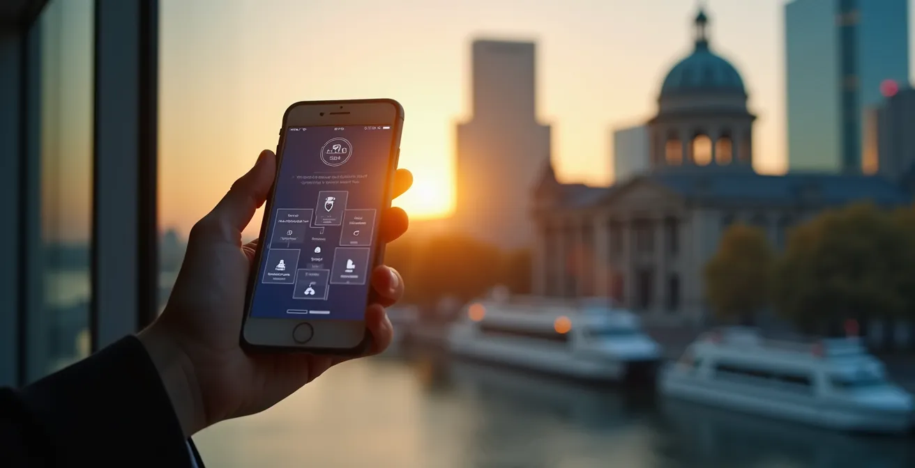 Une illustration symbolique représentant une main tenant un smartphone affichant une application de droit, avec en arrière-plan la silhouette du Palais de justice de Montréal dans un style moderne.