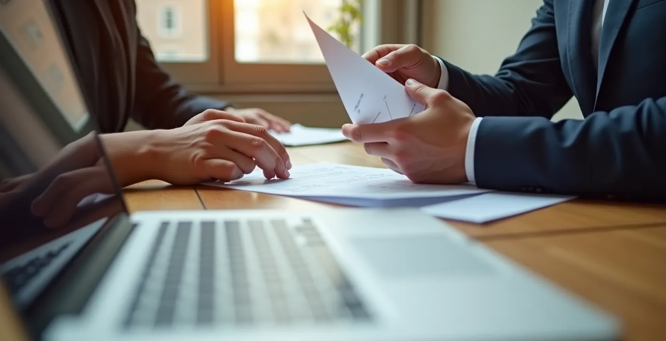 Professionnels en réunion autour d’une table avec documents de bail commercial, échange dynamique sous une lumière chaleureuse