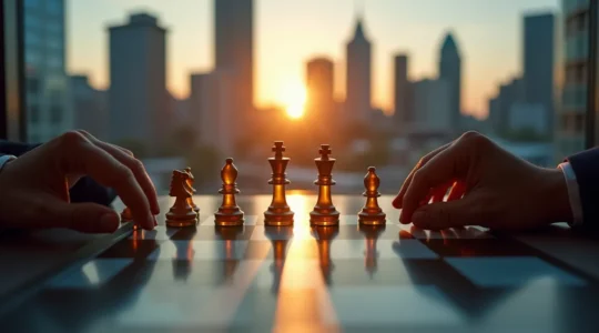 Illustration symbolique représentant la négociation comme un jeu de stratégie avec deux joueurs aux pièces d'échecs dans un décor urbain de Montréal