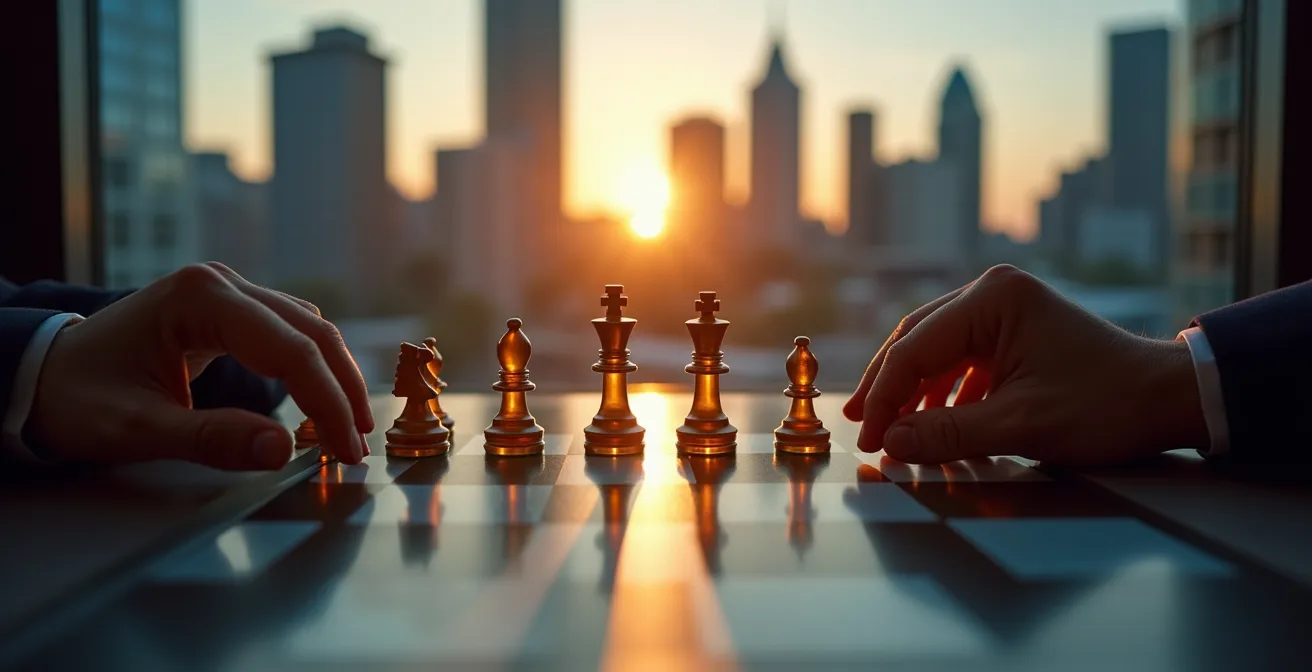 Illustration symbolique représentant la négociation comme un jeu de stratégie avec deux joueurs aux pièces d'échecs dans un décor urbain de Montréal