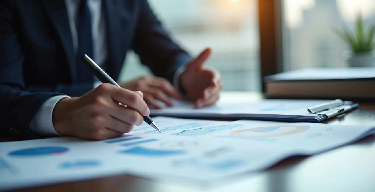 Un professionnel en droit prépare une stratégie de négociation avec des documents et diagrammes devant un ordinateur dans un bureau à Montréal.