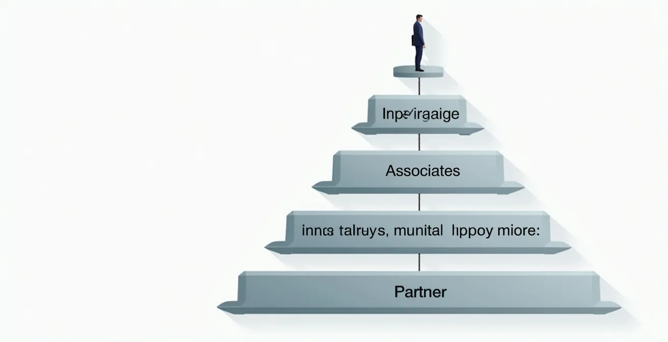 Diagramme illustrant la pyramide hiérarchique d’un cabinet d’avocats montréalais avec différents niveaux d’expérience et rôles sur un dossier