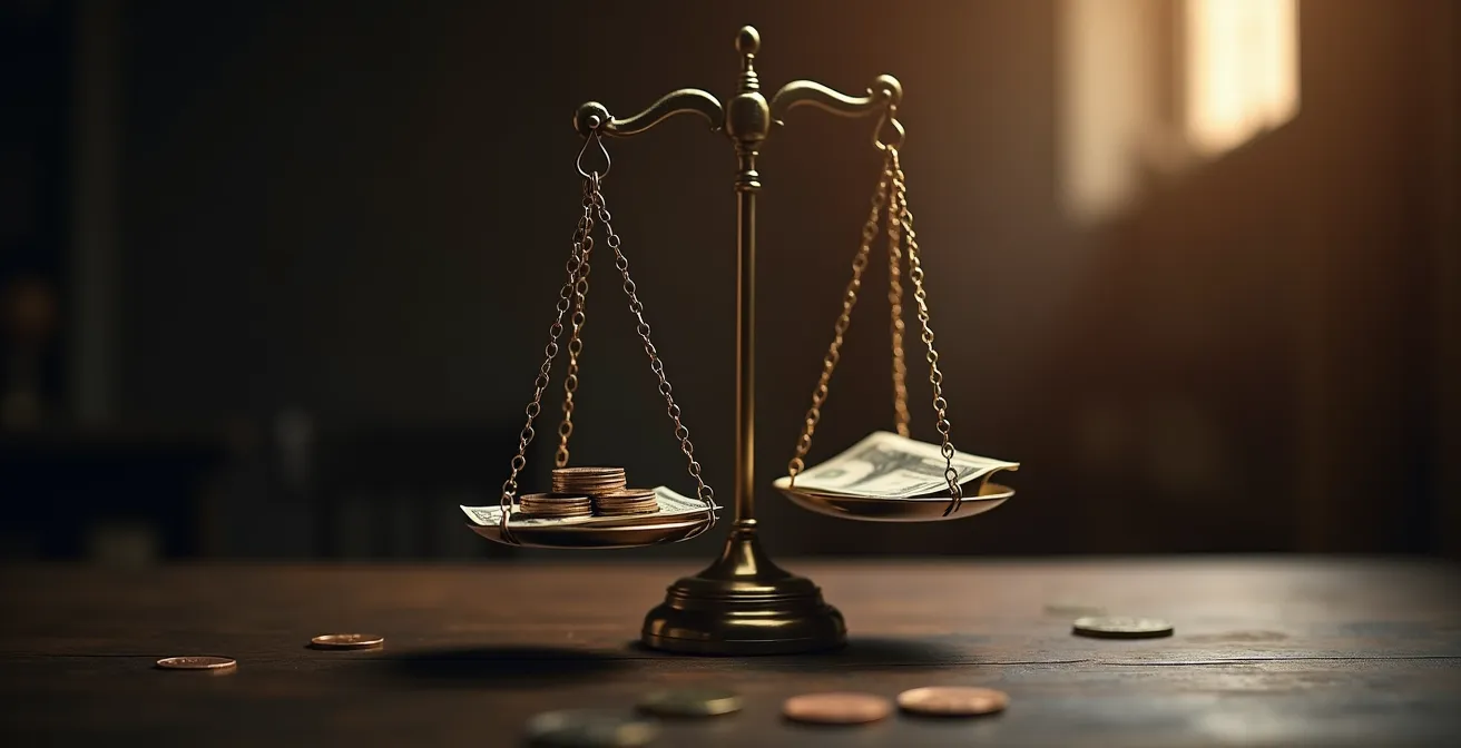 Illustration symbolique d’une balance financière avec d’un côté des pièces et billets, de l’autre des documents juridiques, représentant la valeur des honoraires d’avocat.