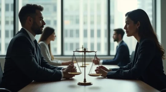 Un négociateur montréalais en train de discuter calmement avec la partie adverse dans un bureau moderne, symbolisant l'art du règlement intelligent.
