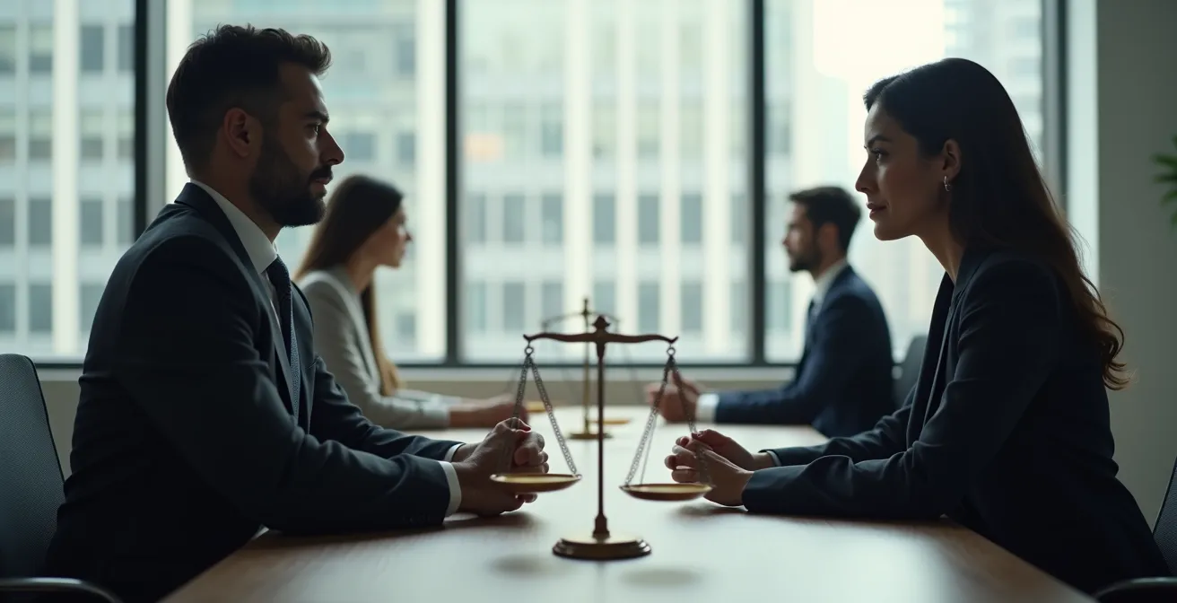 Un négociateur montréalais en train de discuter calmement avec la partie adverse dans un bureau moderne, symbolisant l'art du règlement intelligent.