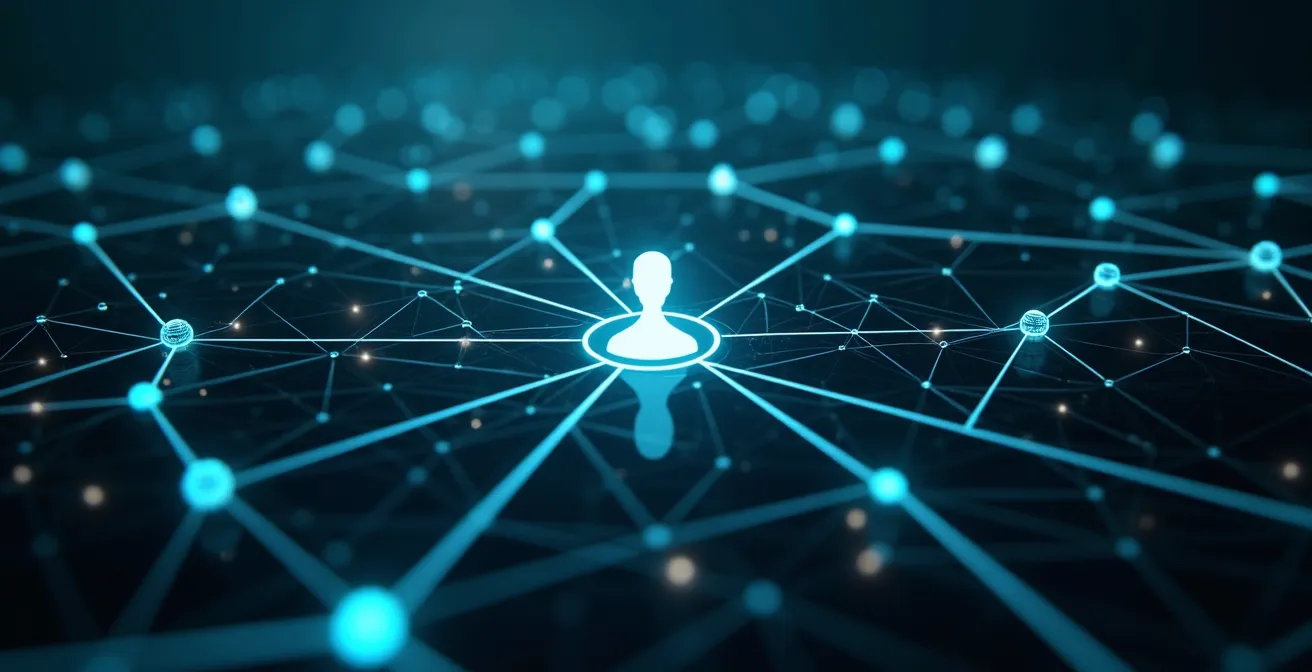 Représentation visuelle d’un réseau dense de contacts professionnels autour d’un avocat à Montréal, symbolisant l’influence et l’accès à l’information