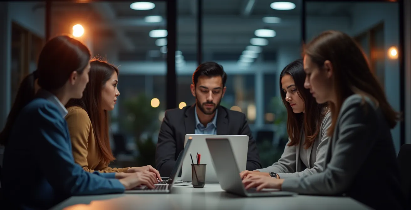 Illustration montrant des employés en entreprise illustrant les risques juridiques liés à la gestion des ressources humaines et au télétravail.