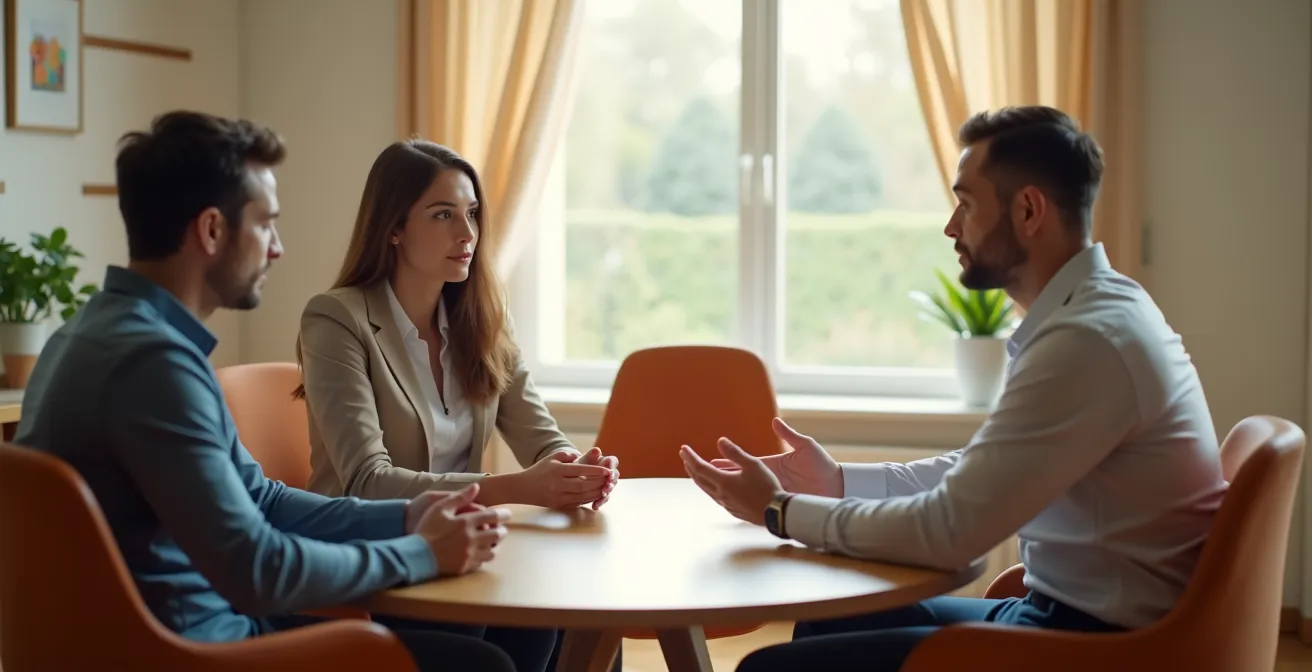 Image montrant un médiateur en consultation avec deux parties autour d'une table, facilitant un dialogue constructif