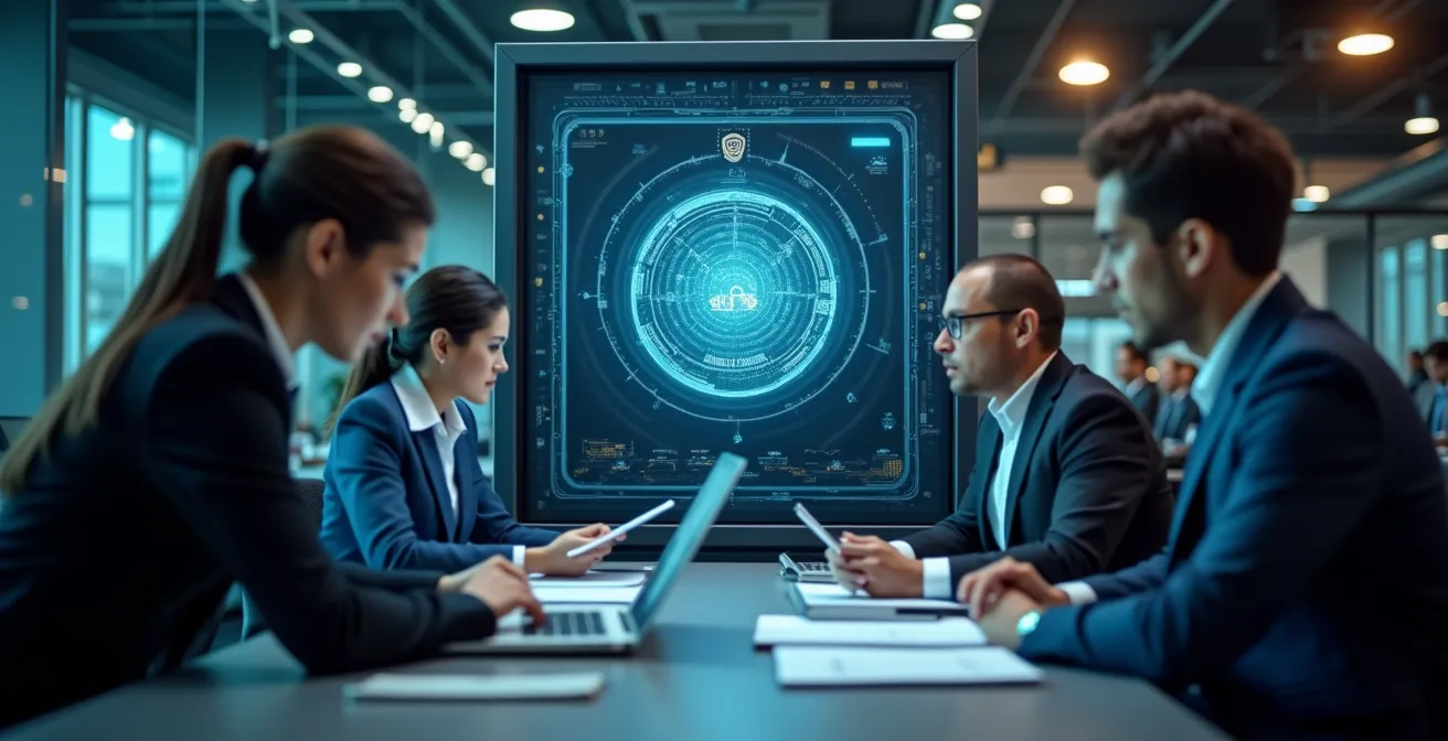 Visuel d’une entreprise moderne où un coffre-fort numérique symbolise la protection d’un secret commercial avec des employés appliquant des mesures de sécurité.