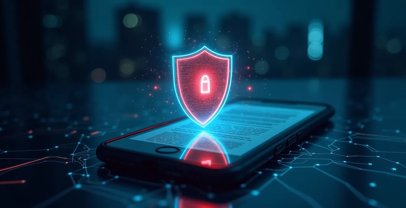 Image symbolique d'un bouclier digital protégeant des données juridiques sur un smartphone dans un contexte numérique moderne