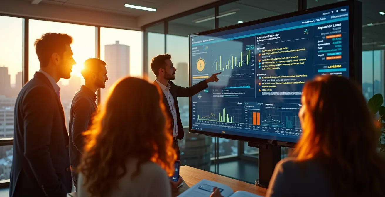 Un tableau de bord numérique affichant des flux RSS, des alertes colorées et des icônes de lois, illustrant la centralisation de l'information juridique pour une entreprise de Montréal.