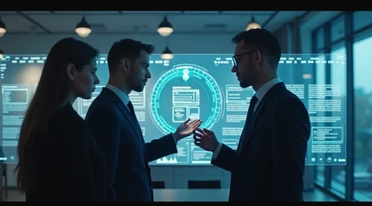 Une salle de conférence moderne avec des avocats montréalais utilisant des écrans holographiques et des outils technologiques avancés.