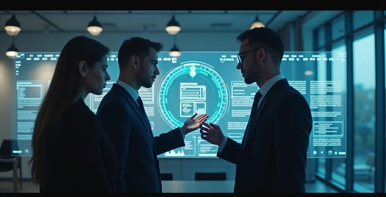 Une salle de conférence moderne avec des avocats montréalais utilisant des écrans holographiques et des outils technologiques avancés.