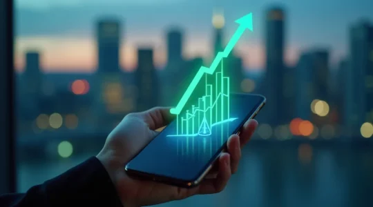 Une main tenant un smartphone affichant des icônes légales qui se transforment en flèches ascendantes symbolisant la croissance stratégique d'une entreprise à Montréal.