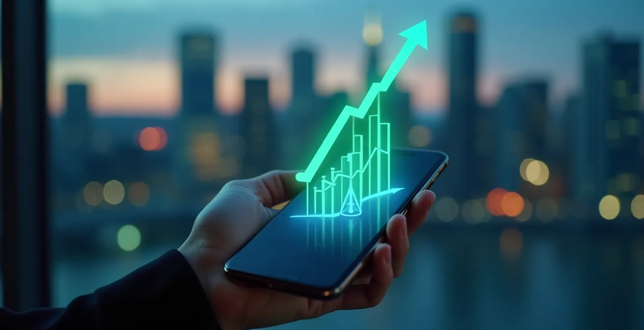 Une main tenant un smartphone affichant des icônes légales qui se transforment en flèches ascendantes symbolisant la croissance stratégique d'une entreprise à Montréal.