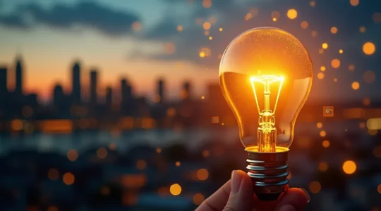 Une illustration symbolique représentant une idée brillante sous forme d'ampoule dorée protégée par un bouclier digital avec en arrière-plan un panorama urbain de Montréal au coucher du soleil.