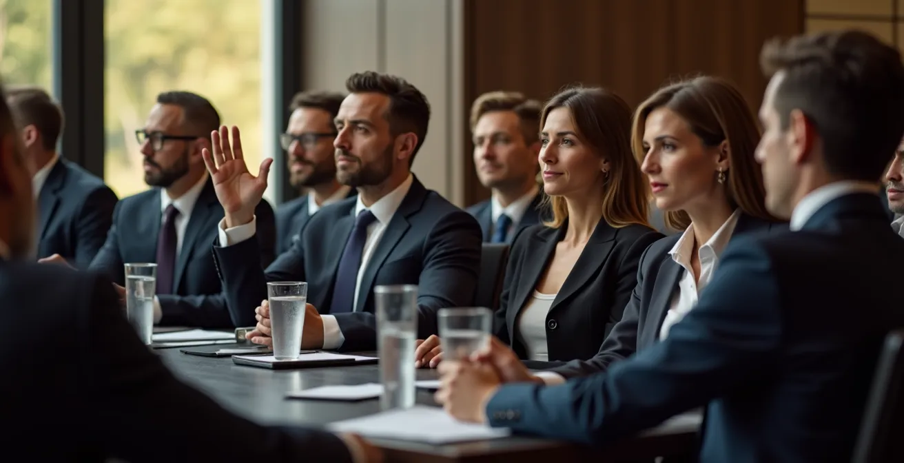 Vue aérienne d'une assemblée d'actionnaires dans une grande salle avec personnes levant la main pour voter
