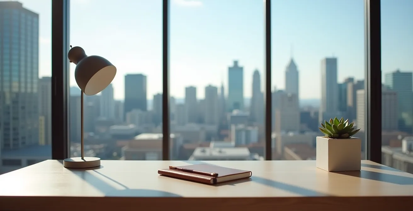 Espace de travail moderne d'un avocat freelance à Montréal avec vue sur la ville