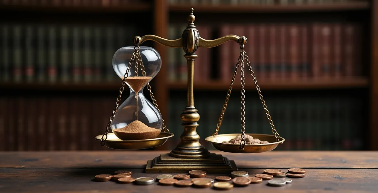 Balance symbolique avec sablier d'un côté et pièces de monnaie de l'autre