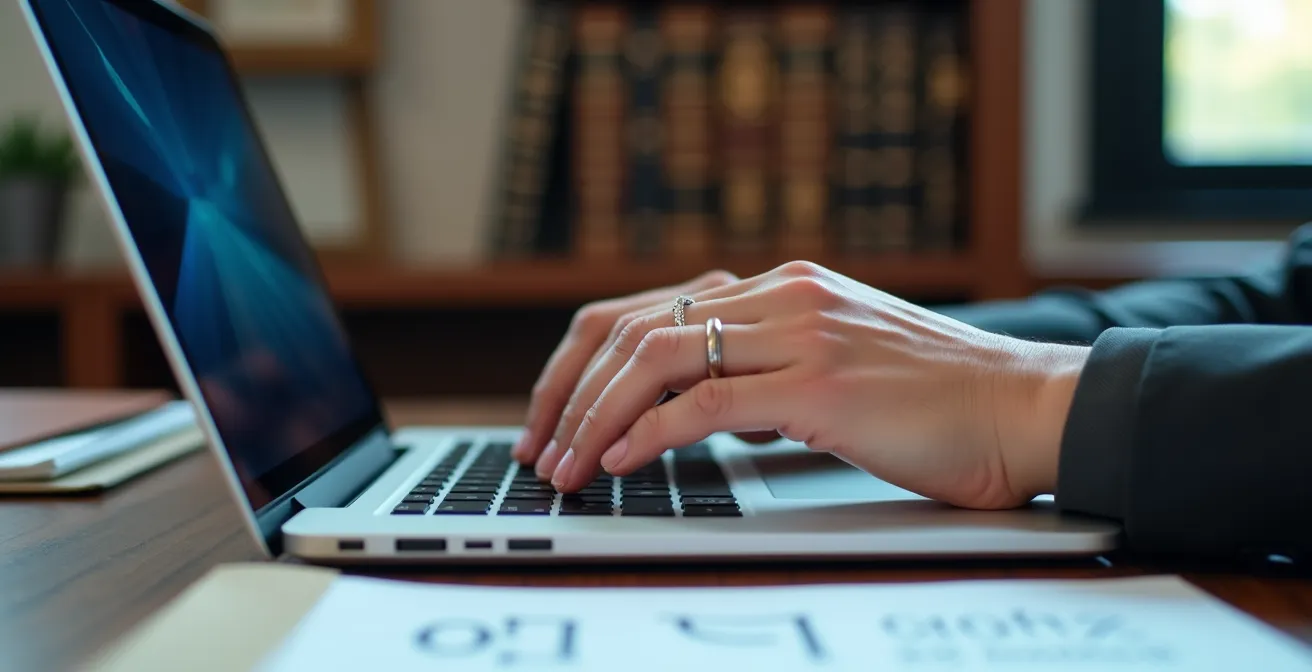 Bureau d'avocat moderne avec ordinateur montrant une interface de dépôt électronique