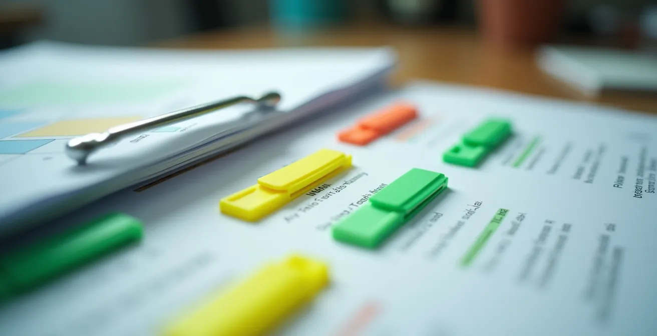 Vue macro de documents administratifs organisés méthodiquement sur un bureau avec surligneurs et onglets colorés