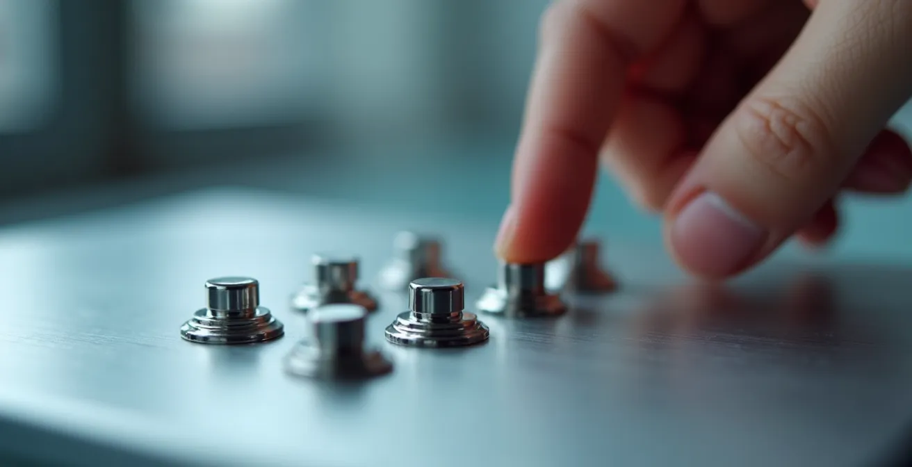 Vue macro de doigts manipulant des interrupteurs métalliques symbolisant le contrôle granulaire des préférences de données